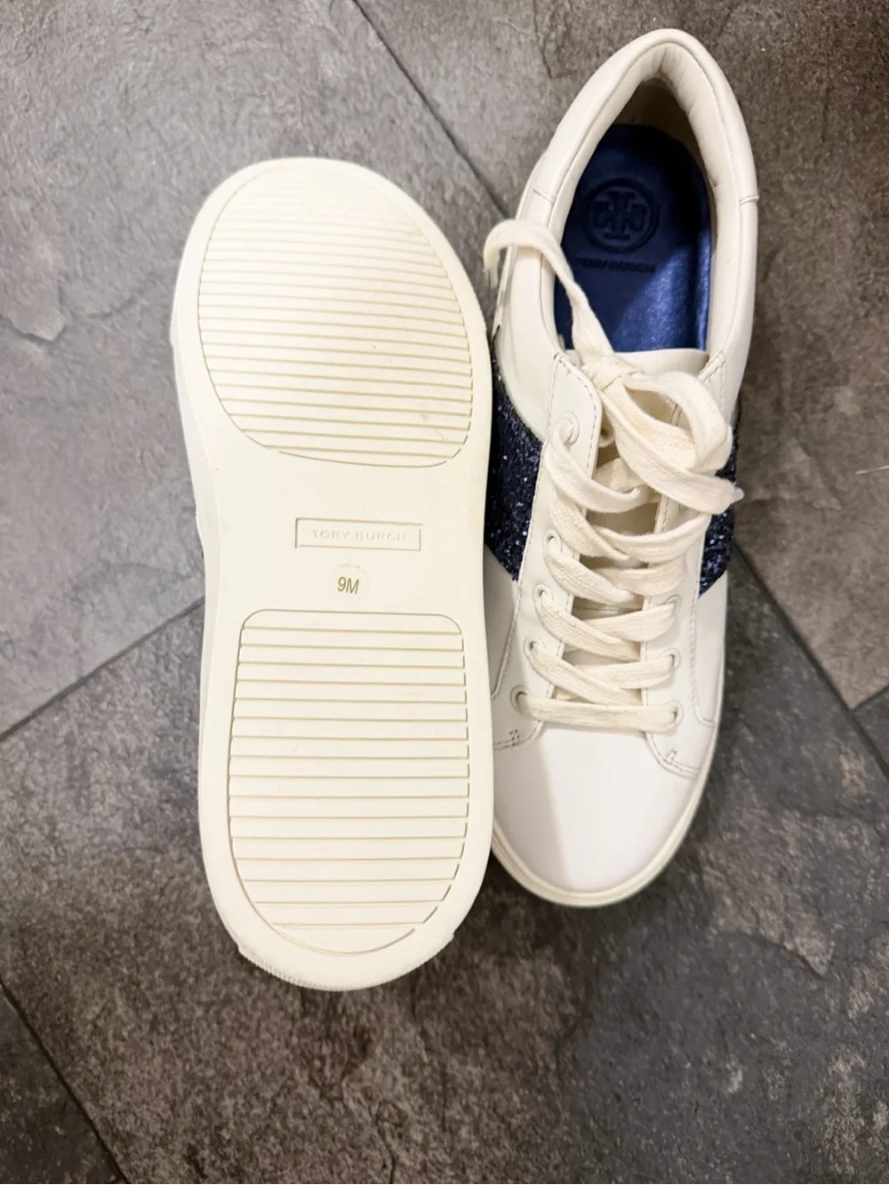 NEW Tory Burch Carter Leather Glitter Sneakers - White/Navy Blue - Size 9